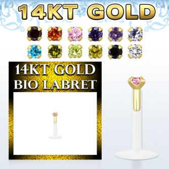 gbilz bioflex labret with push in 14kt gold w prong set cz