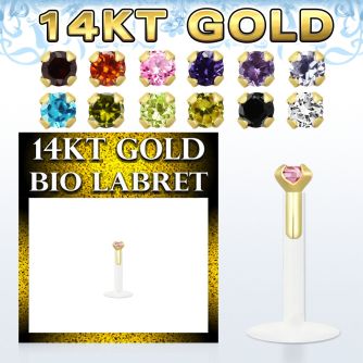 gbilzm bioflex labret with push in 14kt gold w round prong cz