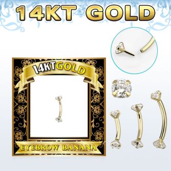 gbnz 14k gold eyebrow banana w thread less top w cz stones