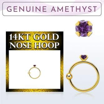ghge1 14kt gold nose hoop w a 2mm prong set amethyst stone