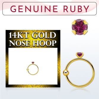 ghge5 14kt gold nose hoop w a 2mm prong set ruby stone