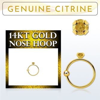 ghge6 14kt gold nose hoop w a 2mm prong set citrine stone