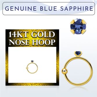 ghge9 14kt gold nose hoop w a 2mm prong set blue sapphire