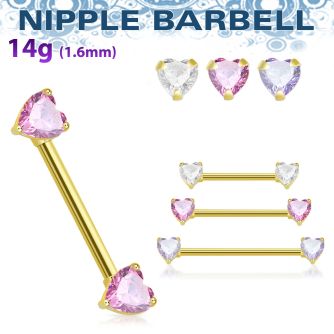 gold steel nipple barbell w prong set heart shaped czs