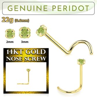 gscge4 14kt gold nose screw with a 2mm prong set peridot stone