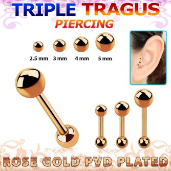 hexttab piercing tragus triple acero pvd oro rosa bola 2 5mm 5mm bola 3mm al por mayor