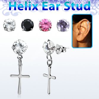 hexzd36 plain 925 silver helix ear stud w dangling plain cross 