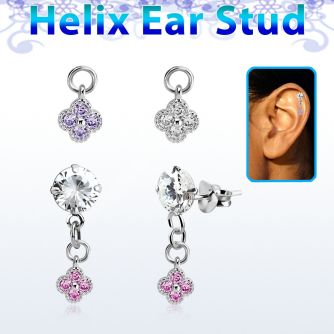 hexzd43 silver helix ear stud w dangling flower w cz 