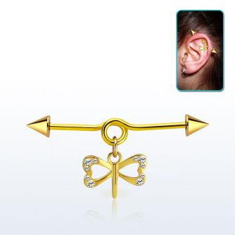 incntd18 barbell industrial loop con bucle acero anodizado dos conos pequeno colgante cristal libelula colgante laton chapado oro