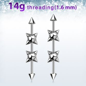 indsh16 barbell industrial acero 316l conos arriba abajo 5mm bolas pinchos 6mm centro barra al por mayor