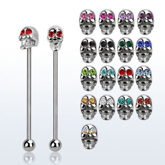 indsh23 316l steel industrial barbell w skull w crystal eyes