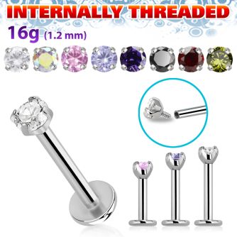 lbcz3in internally threaded steel labret w a upper 3mm cz stone