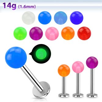 lbgl 316l steel labret w 5mm glow in the dark acrylic ball