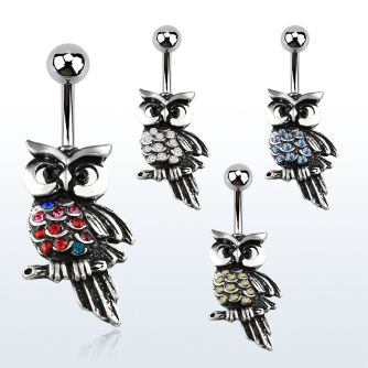 mcd452 316l steel belly banana with a black owl with crystals