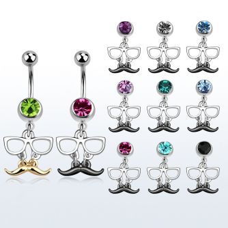mcd507 piercing ombligo acero quirurgico bola joya 8mm bigote negro dorado gafas colgado 10mm distribuidor