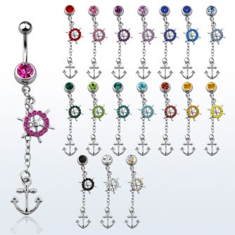 mcd567x piercing ombligo acero quirurgico bola joya bisel 8mm timon barco ancla cristal colgados 10mm venta