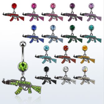 mcd631 piercing ombligo acero quirurgico bola joya bisel 8mm miniatura ak47 negro cn cristal 10mm venta