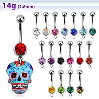mcd639 piercing ombligo acero quirurgico bola joya bisel 8mm calavera azucar pintada tematica azul 10mm al por mayor