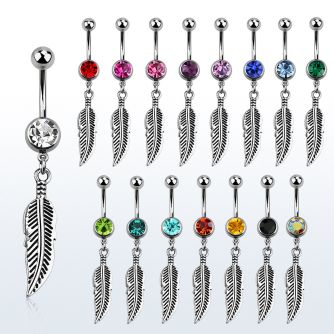 mcd654 piercing ombligo acero quirurgico bola 8mm joya bisel colgante pluma distribuidor