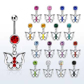 mcd760 piercing ombligo acero quirurgico bola 8mm joya bisel colgante mariposa cristal cuerpo plata mayorista