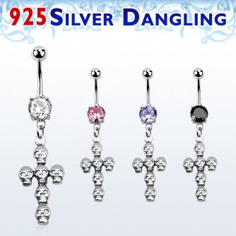 mcdvd11 belly banana w dangling silver cross formed by skull