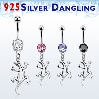 mcdvd9 316l steel cz belly banana w dangling silver lizard