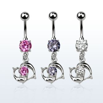 mcdz15 316l steel belly banana w prong cz cz w dolphin couple