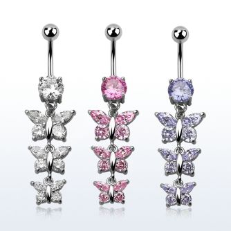 mcdz289 316l steel belly banana w a chain of 3 cz butterflies