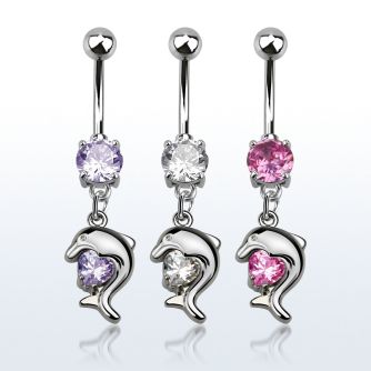 mcdz300 316 steel belly banana w prong cz dolphin w cz stone