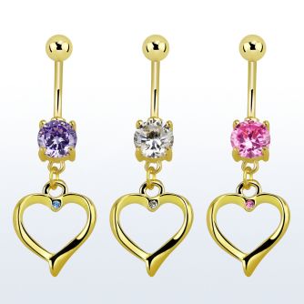 mcdz333 piercing ombligo acero 316l oro zirconia 8mm corazon oro colgado unico cristal 10mm al por mayor