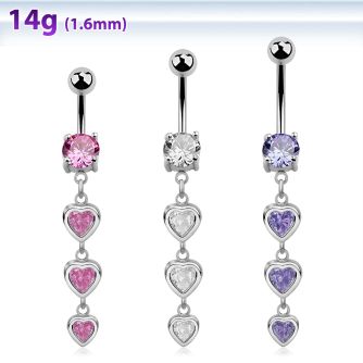 mcdz350 piercing ombligo acero quirurgico tres corazones colgados zirconia 10mm distribuidor mayorista