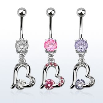 mcdz362 316l steel belly banana w dangling heart w cz stone
