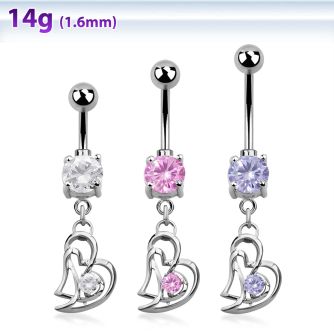 mcdz373 piercing ombligo acero quirurgico bola doble joya bisel 5 8mm doble corazon colgado zirconia redonda 10mm mayorista