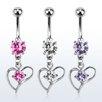 mcdz391 316l steel cz belly banana w dangling heart cz