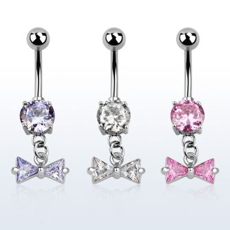 mcdz408 316l steel belly banana w dangling prong set cz bow