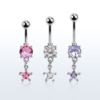 mcdzs6 steel belly banana w dangling prong set star shaped cz 