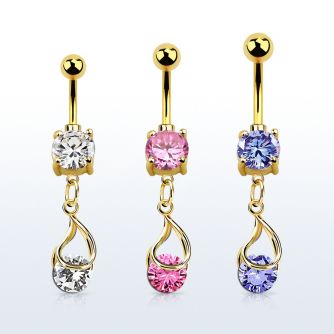 mdgz416 gold cz belly banana w dangling snap fit round cz 