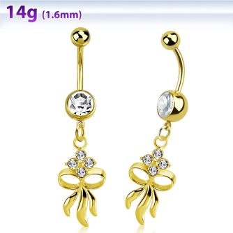 mdk508 gold 316l steel belly banana w & dangling flower & bow