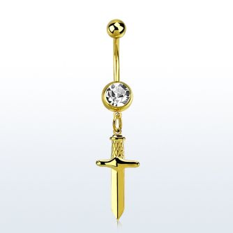 mdk768 gold plated steel belly banana w jewel ball & dagger 