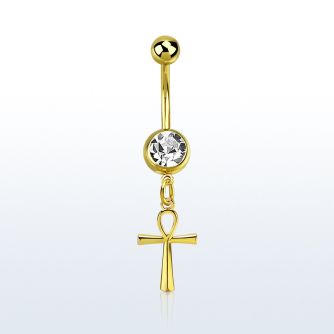 mdk769 piercing ombligo acero 316l pvd dorado bola lisa 5mm bola 8mm joya bisel colgante cruz ankh oro distribuidor mayorista