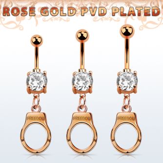 mdrz765c piercing ombligo acero 316l anodizado oro rosa zirconia redonda 8mm colgante esposas grabado freedom oro rosa venta