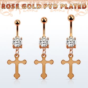 mdrzcro piercing ombligo acero 316l pvd oro rosa zirconia redonda 7mm colgante vintage cruz acero venta