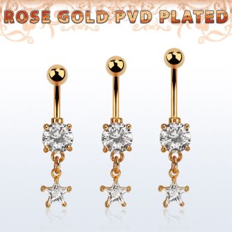 mdrzs6 piercing ombligo acero 316l anodizado oro rosa zirconia redonda 8mm colgante estrella zirconia 6mm oro rosa venta