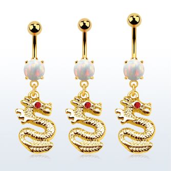 mgo721 piercing ombligo acero 316l pvd dorado opalo redondo colgante dragon ojo cristal distribuidor mayorista