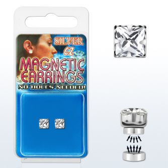 mgzq5 pair of silver magnetic ear studs w 5mm square clear cz