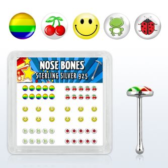 nblgx5 box of silver nose bones with assorted cute logo styles