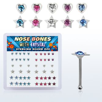 nbmhsm silver nose bones w heart star w assorted crystal