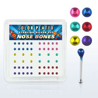 nbmtbx box of silver nose bones with color plated ball tops