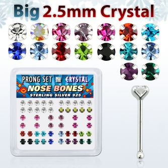 nbp19mx box of silver nose bones with 2 5mm prong set crystal
