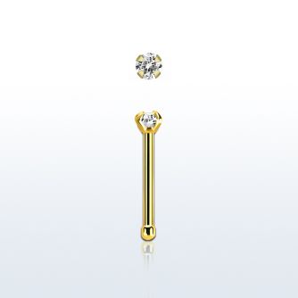 nbtzr2 gold steel nose bone, 20g w prong set 2mm round cz